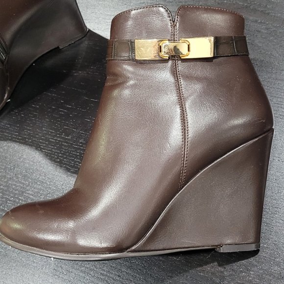 Ela Brown Leather Round Toe Lace Up Wedge Heels Ankle Boots Booties - Picture 4 of 7